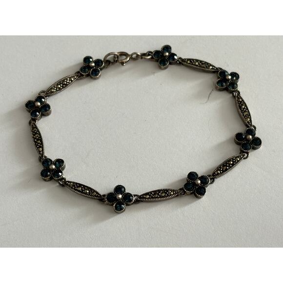 Vintage Sterling Silver Marcasite Bracelet Dainty Blue Flowers - Picture 1 of 3